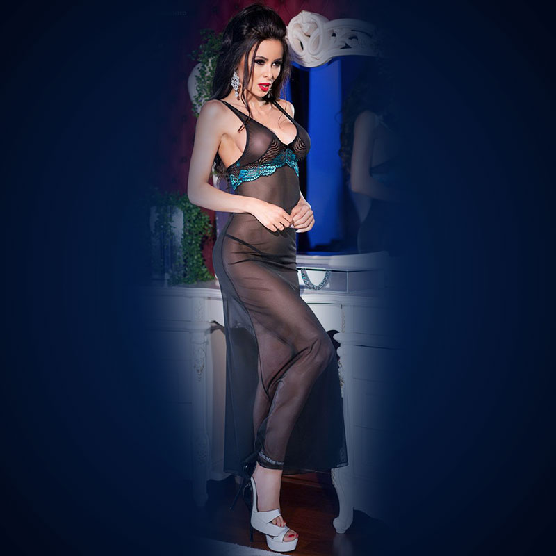 Camisa De Noite E Tanga Cr-4215 Preto E Azul - Image 3